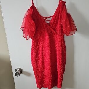 Red Lace With Flutter Sleeve Dress